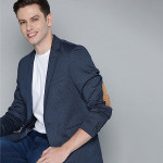 Men Navy Blue Self Design Single-Breasted Blazer