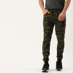 Men Olive Green Camouflage Printed Slim Fit Joggers Trousers