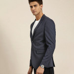 Men Navy Blue Slim Fit Self Design Smart Casual Blazer